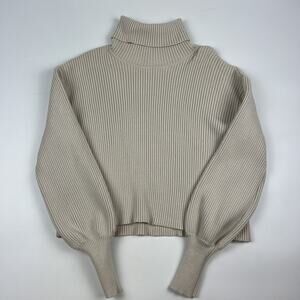 Express Medium Cream Turtle Neck Balloon Sleeve Cropped Ribbed Sweater